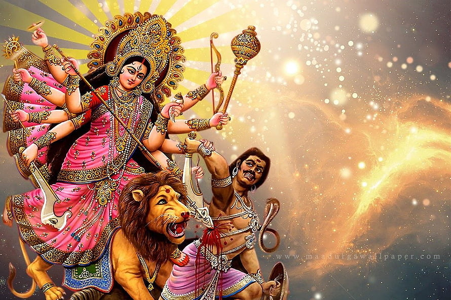 Maa Durga Riding Lion with Weapons and Demon in Golden Divine Light HD wallpaper