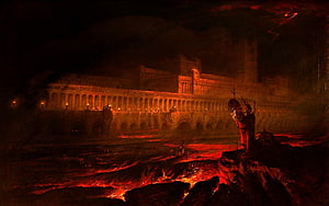Pandemonium: A Dark Fantasy Painting of a Warrior Before a Burning Fortress HD wallpaper