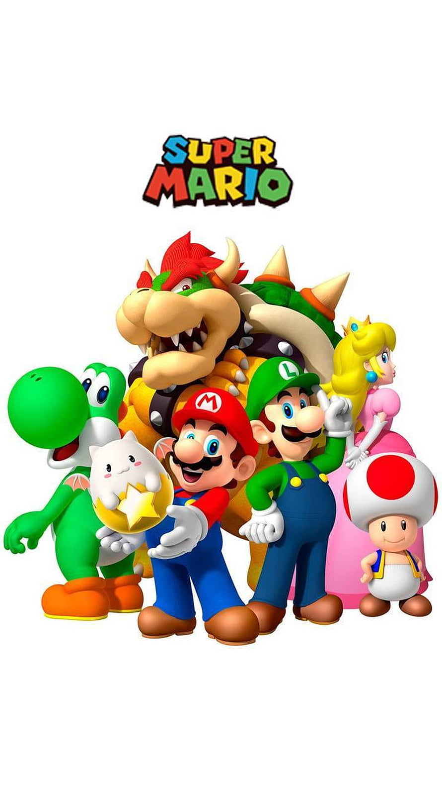 Super Mario Bros Group Portrait Featuring Mario, Luigi, Peach, Bowser, Yoshi, and Toad HD phone wallpaper
