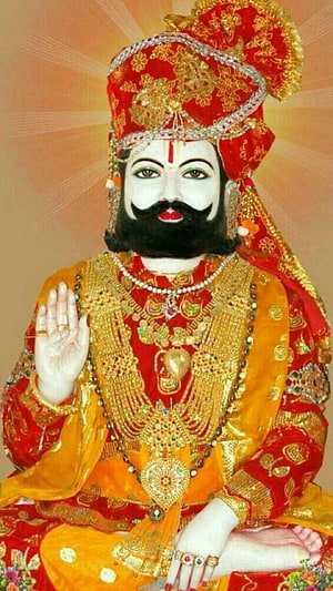 Ramdev Pir Devotional Portrait in Ornate Red and Gold Attire HD phone wallpaper