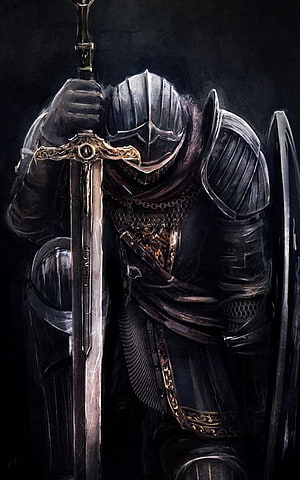 Dark Fantasy Knight in Full Plate Armor Holding Ornate Sword and Shield HD phone wallpaper