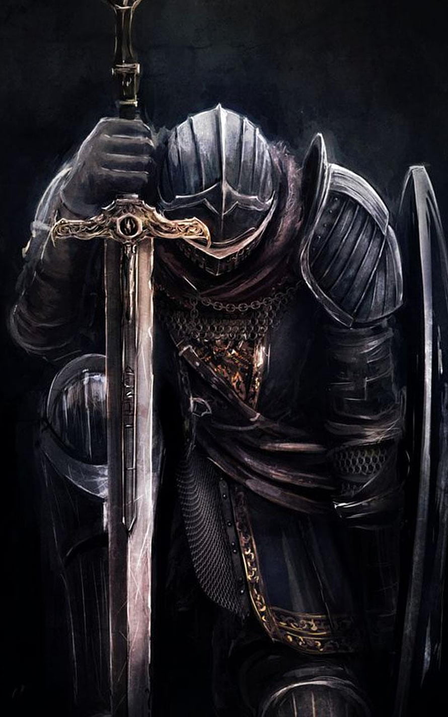 Dark Fantasy Knight in Full Plate Armor Holding Ornate Sword and Shield HD phone wallpaper