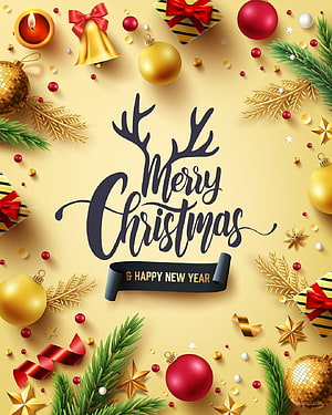 Merry Christmas and Happy New Year Greeting Card with Reindeer Antlers and Festive Ornaments HD phone wallpaper