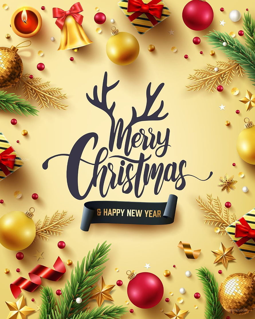 Merry Christmas and Happy New Year Greeting Card with Reindeer Antlers and Festive Ornaments HD phone wallpaper