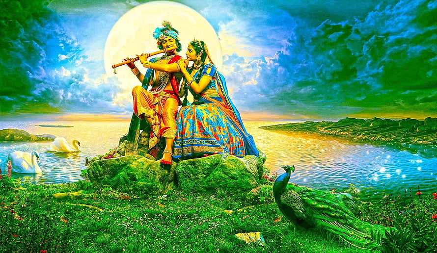 Radha Krishna Playing Flute Under Full Moon With Peacock And Swans HD wallpaper