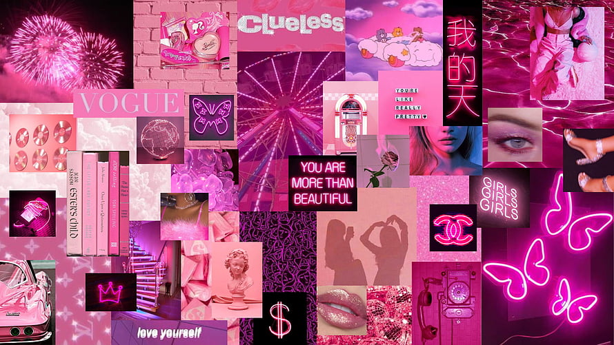 Pink Aesthetic Collage With Neon Signs, Fashion Logos, and Y2K Vibes HD wallpaper
