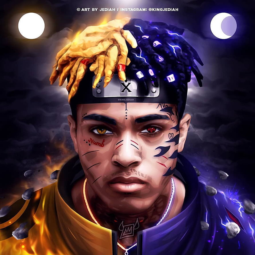 Xxtentacion Digital Portrait With Heterochromia, Facial Tattoos, and Dual Moon Background HD phone wallpaper