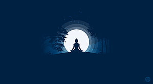 Silhouette of a Meditating Figure in Lotus Pose Against a Glowing Full Moon in a Dark Forest HD wallpaper