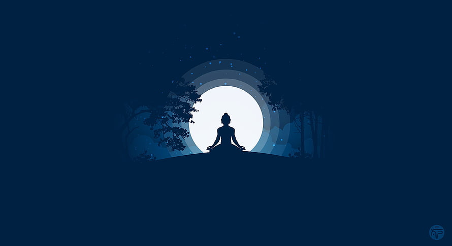 Silhouette of a Meditating Figure in Lotus Pose Against a Glowing Full Moon in a Dark Forest HD wallpaper