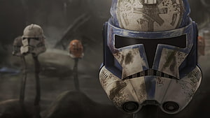 Star Wars Clone Trooper Helmet Close-Up in Battle Scene HD wallpaper