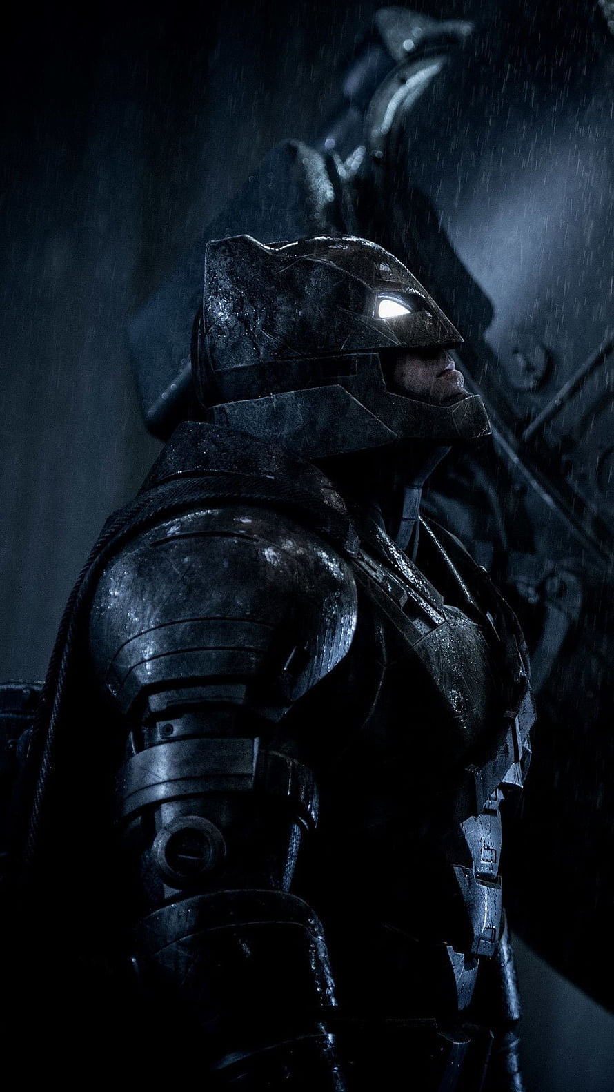 Batman in Dark Knight Armor Standing in Rain with Glowing Eyes, Ben Affleck Batman HD phone wallpaper