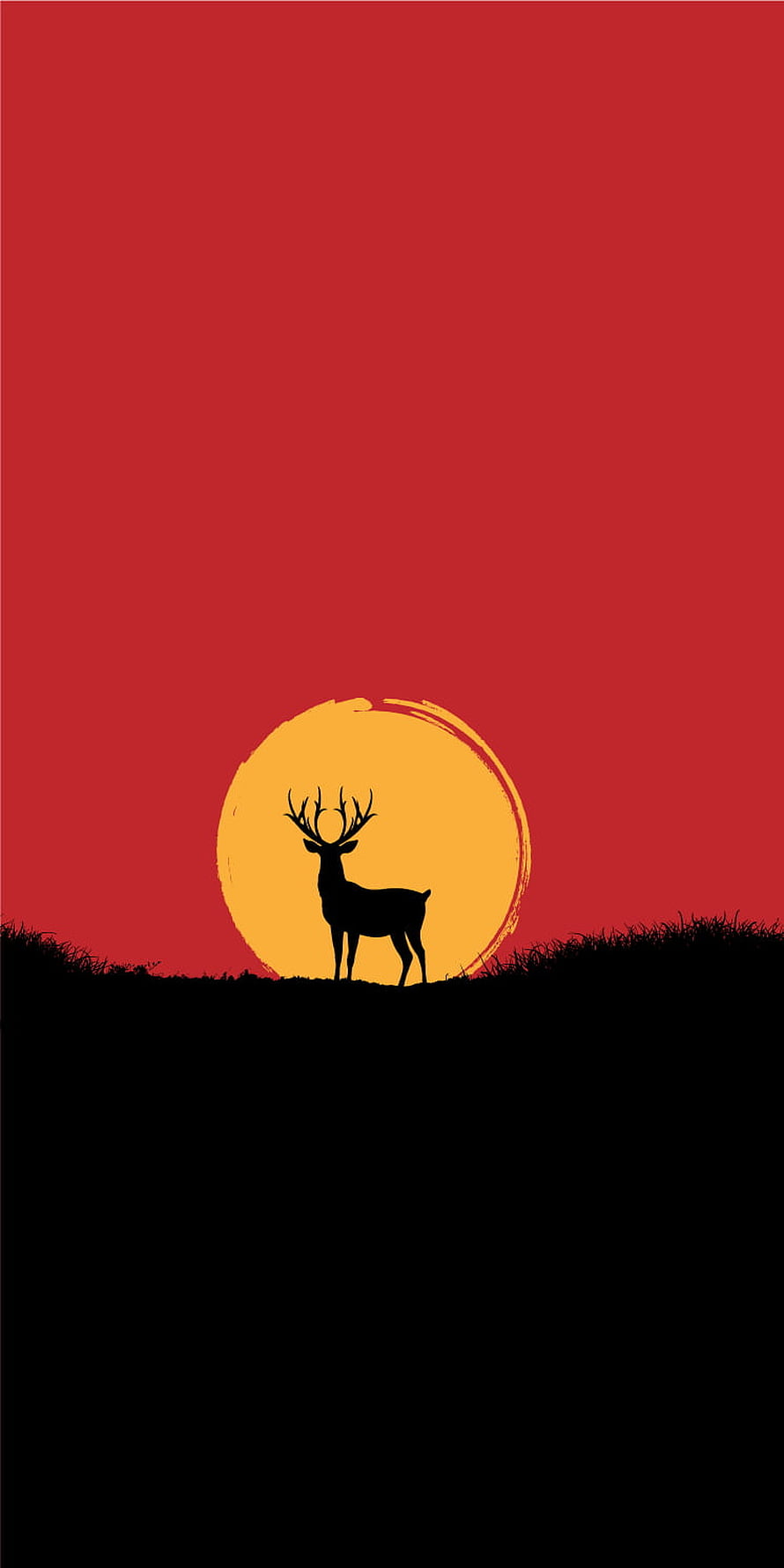 Stag Silhouette Against Golden Sun in Minimalist Red Landscape HD phone wallpaper