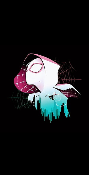 Spider-Gwen swinging over a stylized city skyline in a minimalist vector art style HD phone wallpaper