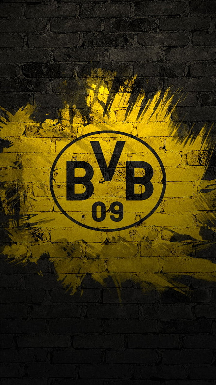 Borussia Dortmund BVB 09 Logo on Grunge Brick Wall with Yellow Paint Splat HD phone wallpaper