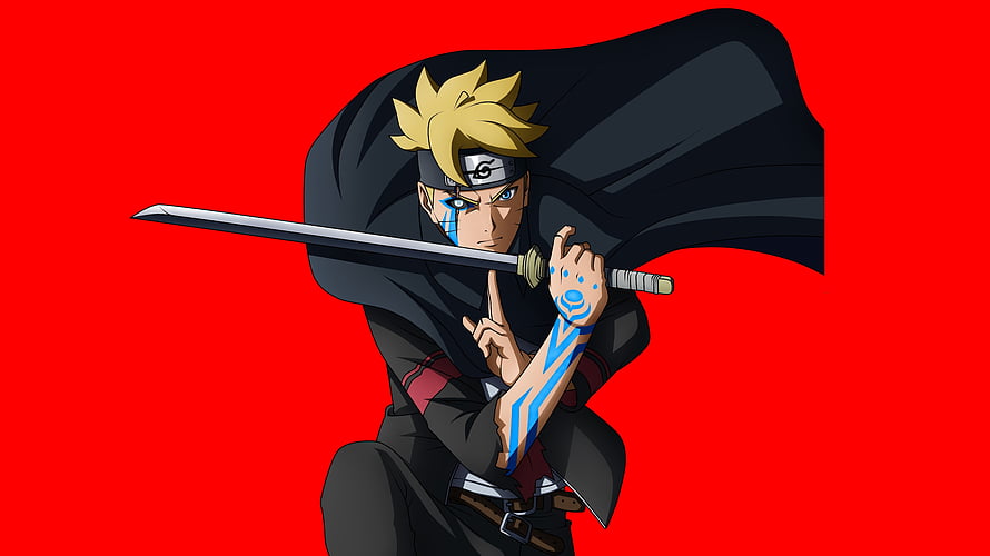 Boruto Uzumaki wielding a sword in a black cloak against a vivid red background HD wallpaper