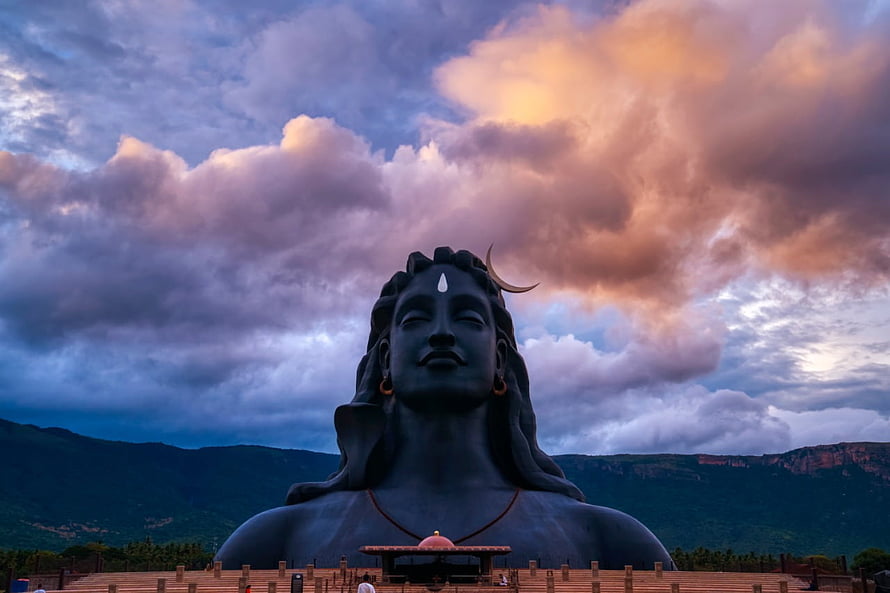 Adiyogi Shiva Statue at Isha Yoga Center Against Dramatic Sunset Sky HD wallpaper