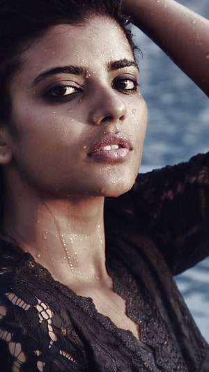 Aishwarya Rajesh Portrait in Wet Black Lace Top with Water Droplets HD phone wallpaper