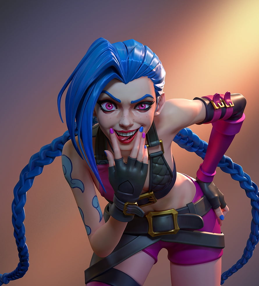 Jinx from Arcane in a playful 3D render with blue braids and pink outfit HD phone wallpaper