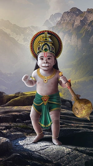 Bal Hanuman Child Deity Holding Mace on Rocky Mountain Peak, Jay Hanuman, Bal Hanuman HD phone wallpaper