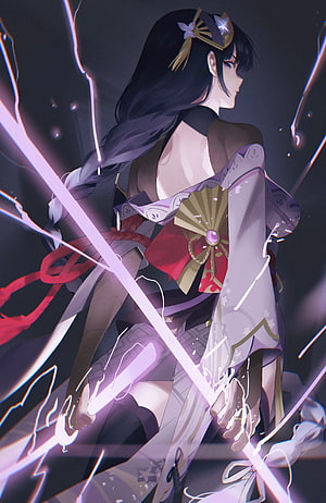 Raiden Shogun from Genshin Impact wielding a glowing sword in a dramatic anime illustration HD phone wallpaper