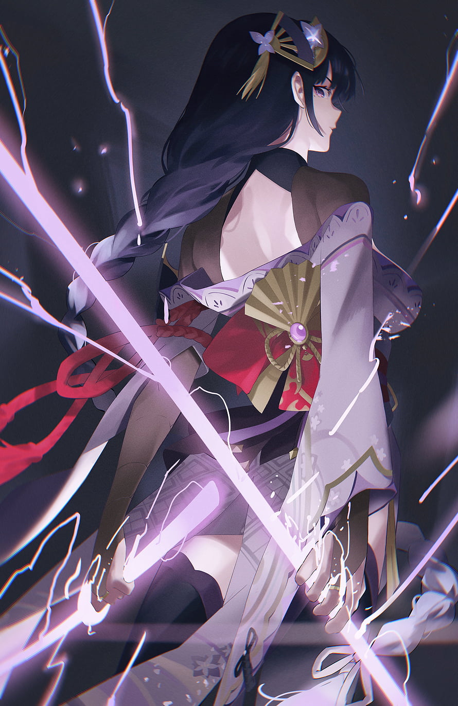 Raiden Shogun from Genshin Impact wielding a glowing sword in a dramatic anime illustration HD phone wallpaper