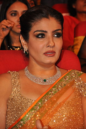 Raveena Tandon in Gold Sequined Blouse and Orange Green Saree with Diamond Necklace HD phone wallpaper