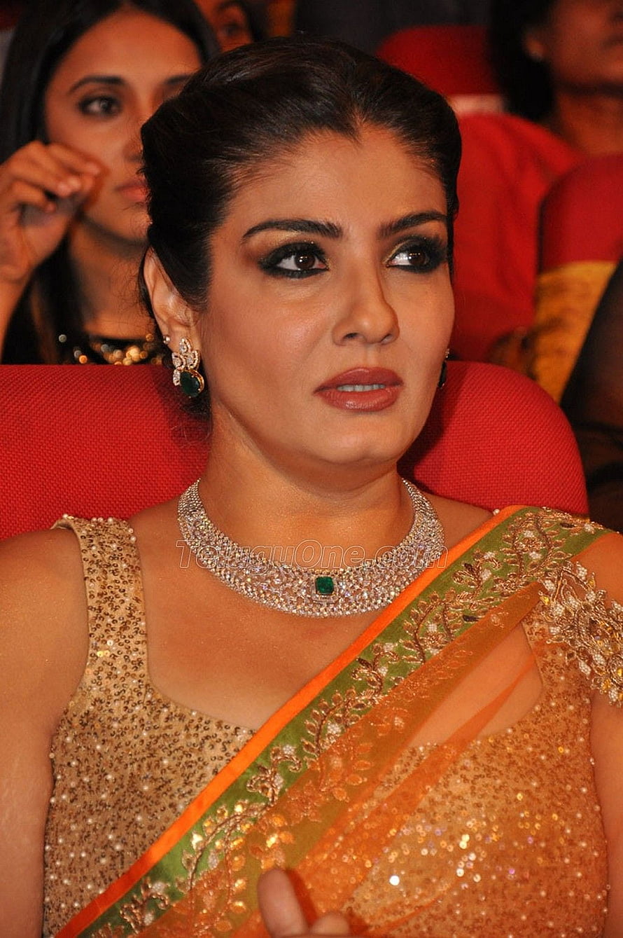 Raveena Tandon in Gold Sequined Blouse and Orange Green Saree with Diamond Necklace HD phone wallpaper