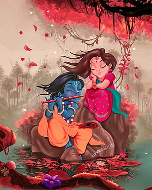 Radha and Krishna Playing Flute in a Blossoming Forest HD phone wallpaper