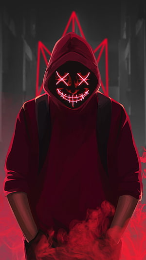 Hacker Neon Red Mask with Glowing X Eyes and Pentagram Background HD phone wallpaper