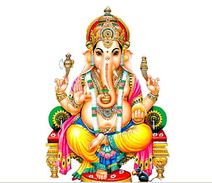 Lord Ganesha Seated on Ornate Throne with Axe and Modaka in Traditional Indian Art Style HD wallpaper