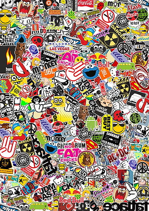 Colorful Sticker Bomb Collage with Pop Culture Icons and Brand Logos HD phone wallpaper