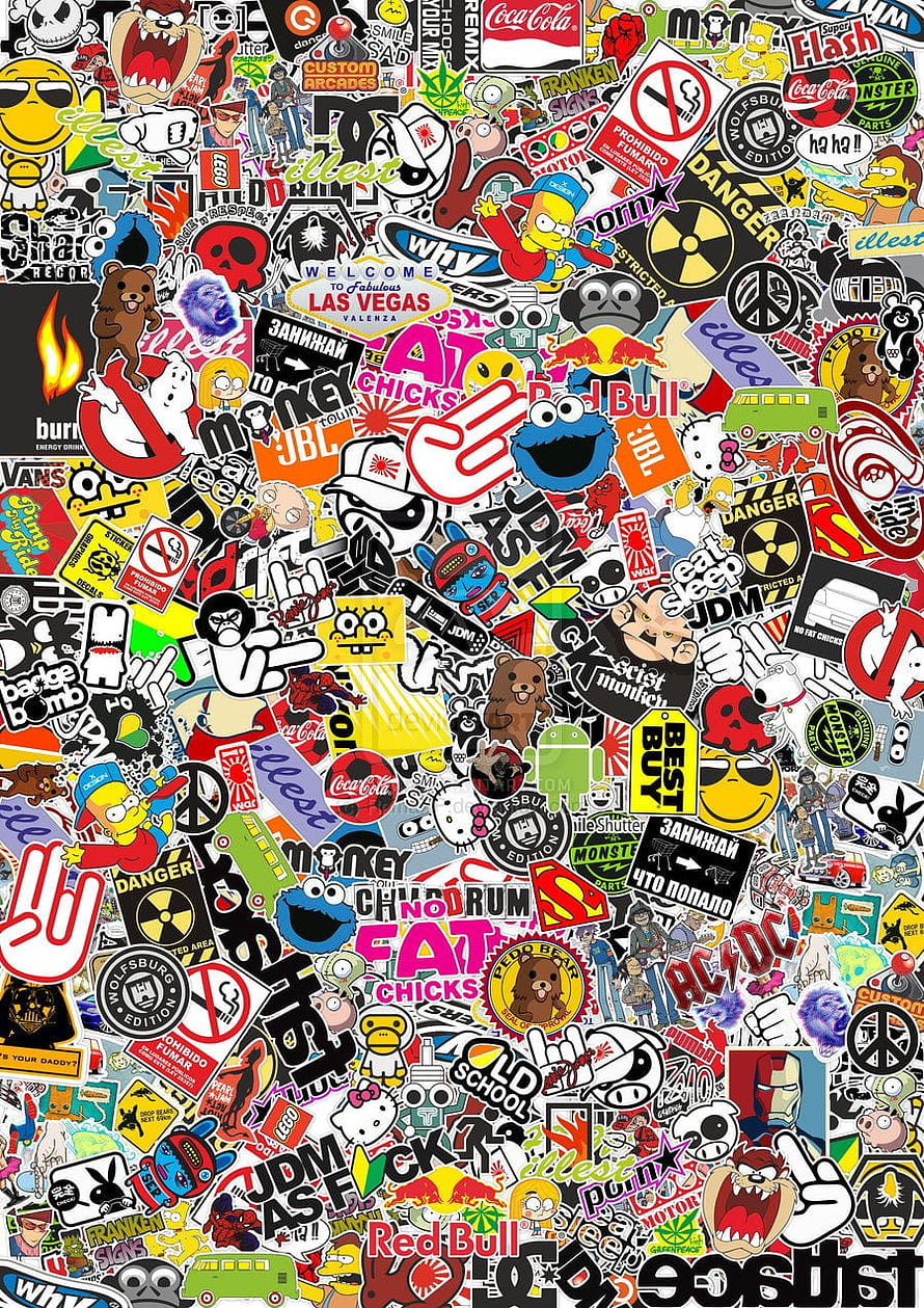 Colorful Sticker Bomb Collage with Pop Culture Icons and Brand Logos HD phone wallpaper