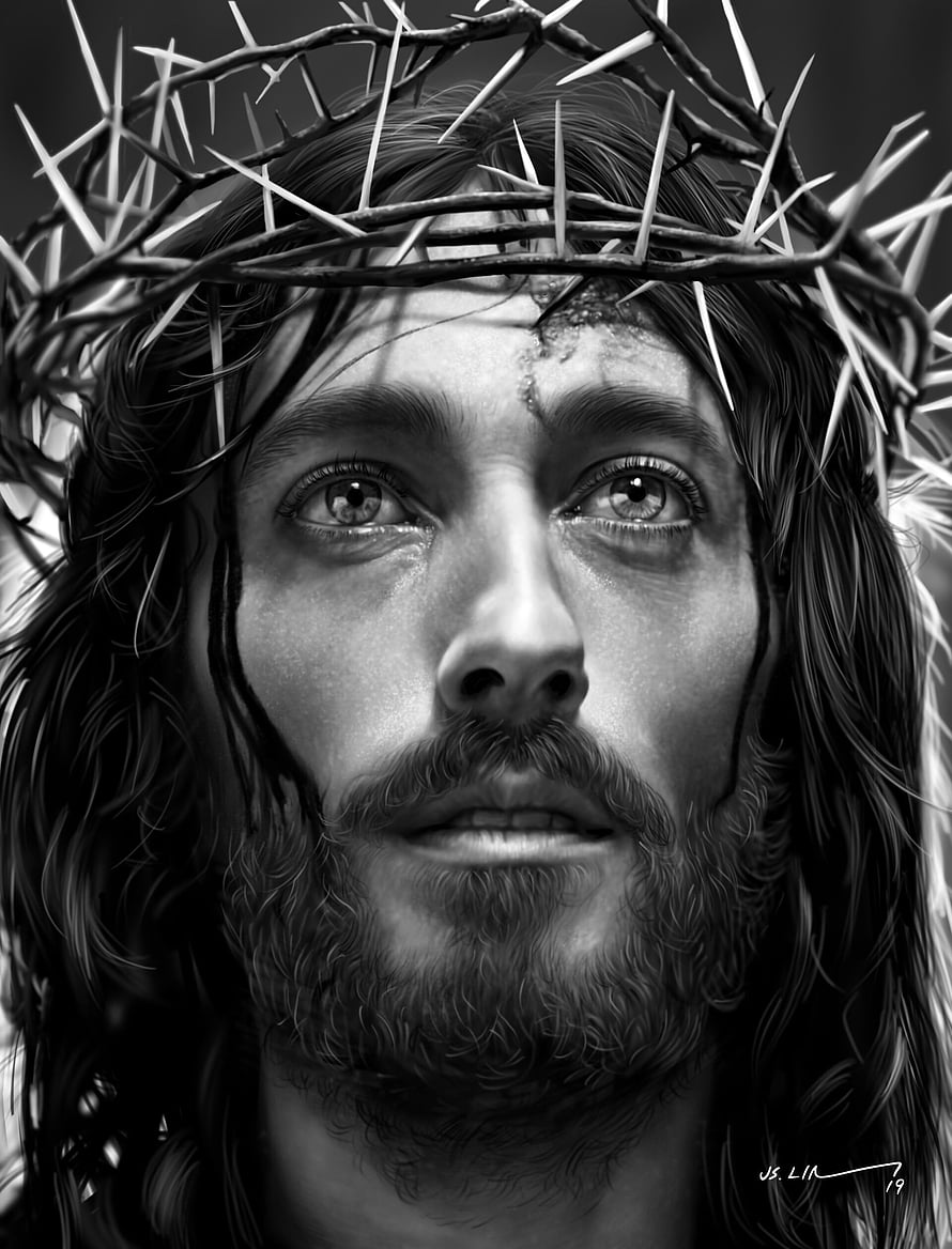 Black and White Portrait of Jesus Christ Wearing a Crown of Thorns HD phone wallpaper