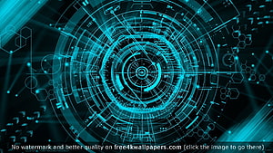 Futuristic Cyan Holographic Interface with Concentric Circuits and Digital Data Streams HD wallpaper