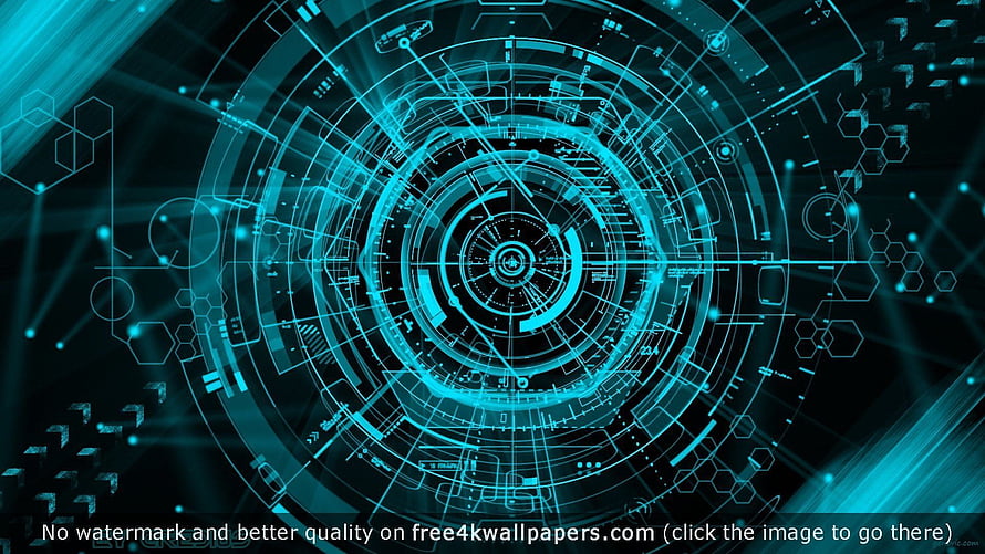 Futuristic Cyan Holographic Interface with Concentric Circuits and Digital Data Streams HD wallpaper
