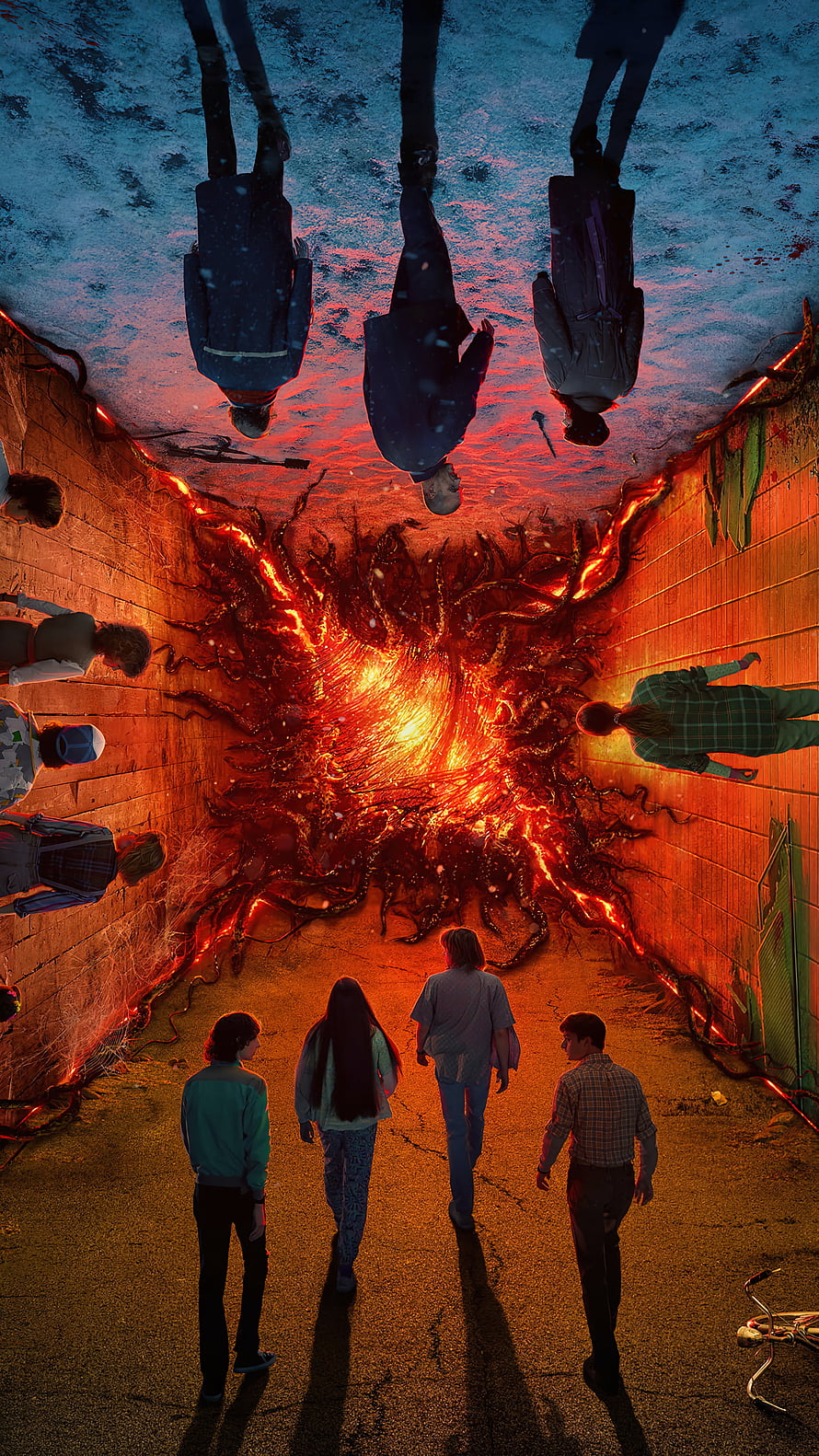 Group of people walking toward a glowing rift in a surreal tunnel with inverted figures HD phone wallpaper