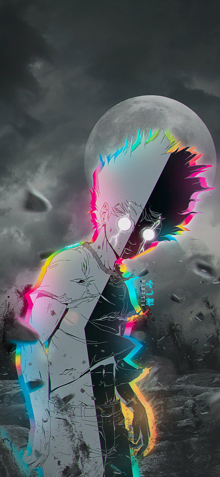 Mob Psycho 100 Shigeo Kageyama Dual Tone Anime Artwork Under a Full Moon HD phone wallpaper