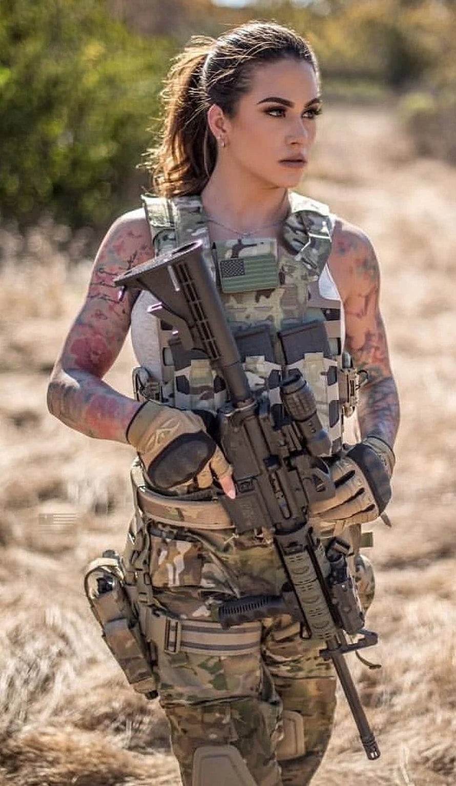 Tattooed Female Soldier in Tactical Gear Holding Assault Rifle HD phone wallpaper
