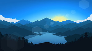 Minimalist Blue Mountain Landscape Vector Art With Lake And Pine Trees HD wallpaper