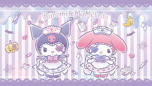 Kuromi and My Melody in Cute Nurse Outfits with Halloween Themed Background HD wallpaper