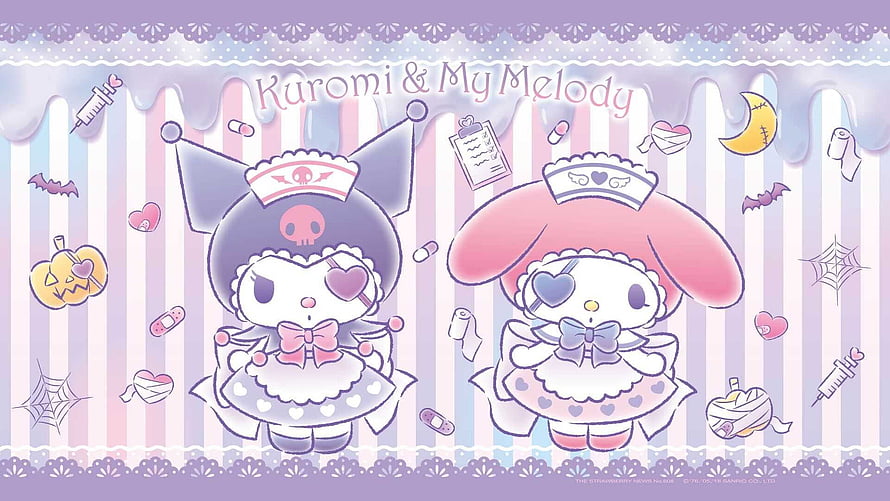 Kuromi and My Melody in Cute Nurse Outfits with Halloween Themed Background HD wallpaper