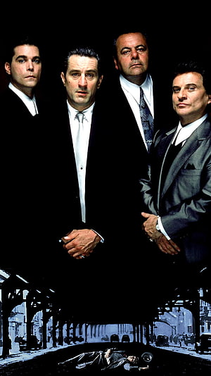 Goodfellas Movie Poster Featuring Four Men in Suits with Dramatic Dark Background HD phone wallpaper