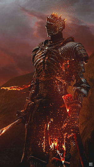 Soul of Cinder Knight in Burning Armor with Fiery Crown and Glowing Embers HD phone wallpaper
