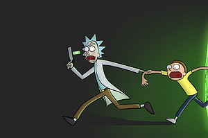 Rick and Morty sprinting through a glowing green portal in a dark void HD wallpaper