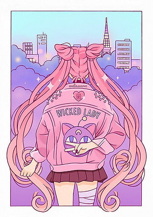 Sailor Moon Kawaii Anime Illustration with Wicked Lady Hoodie and Tokyo Skyline HD phone wallpaper