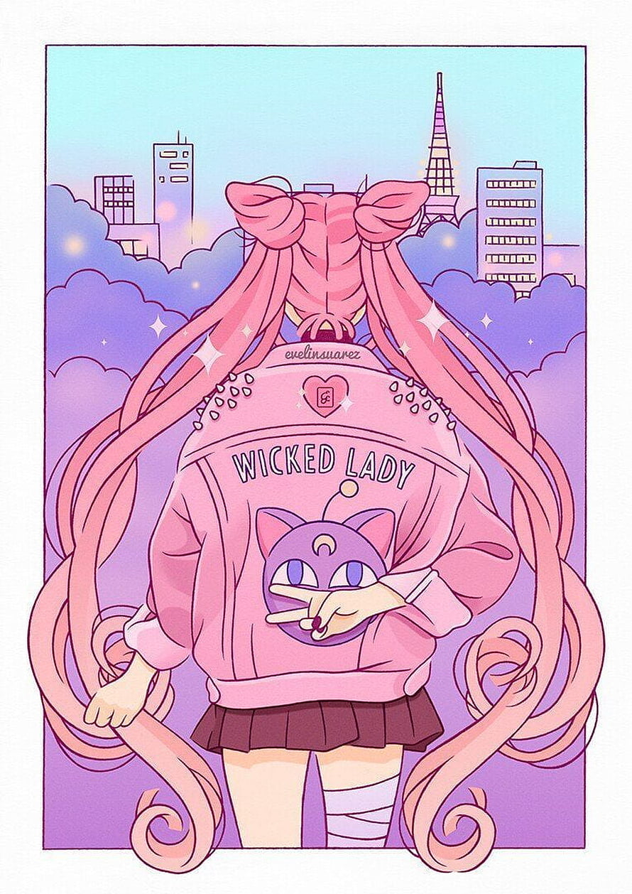 Sailor Moon Kawaii Anime Illustration with Wicked Lady Hoodie and Tokyo Skyline HD phone wallpaper