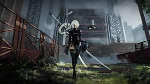 2B From Nier Automata Standing In Overgrown Ruins With Pod 042 HD wallpaper