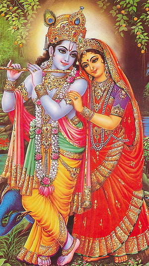 Radha Krishna Playing Flute in Vibrant Traditional Indian Art HD phone wallpaper