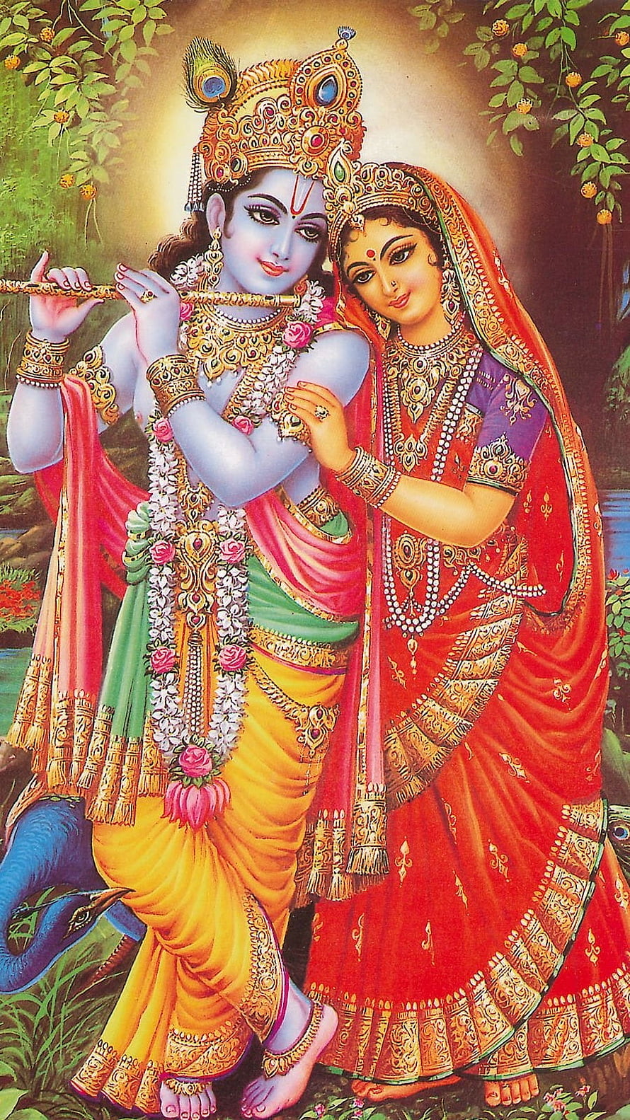 Radha Krishna Playing Flute in Vibrant Traditional Indian Art HD phone wallpaper