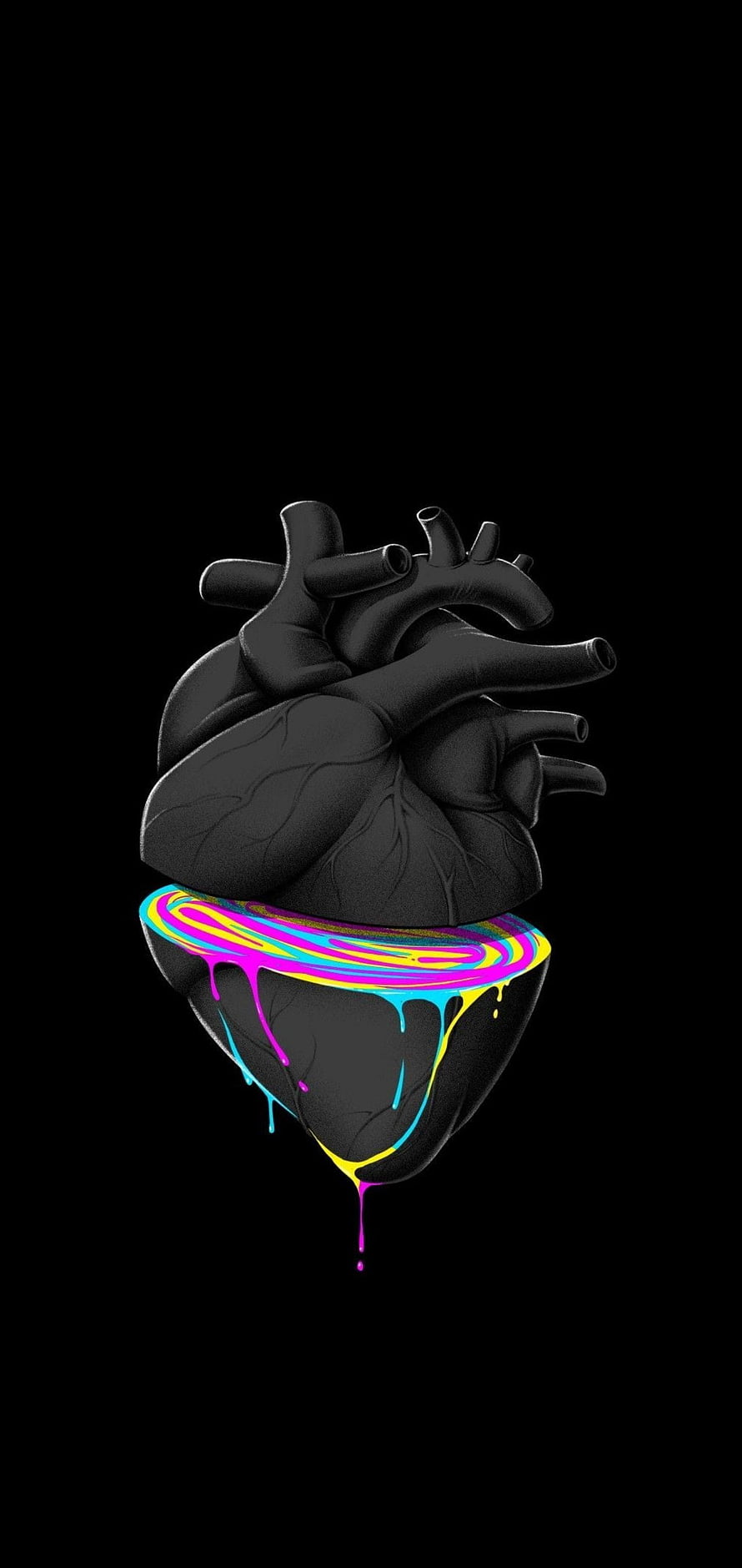 Black Anatomical Heart With Dripping Neon Paint Art HD phone wallpaper